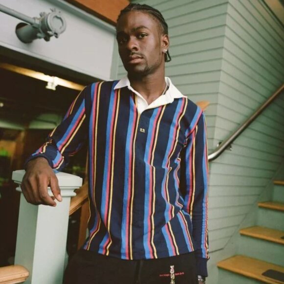 NOAH x Rowing Blazers Blue Striped Long Sleeve Polo Shirt sz M - Picture 1 of 8